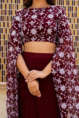 Maroon  Georgette embroidered top and skirt 3