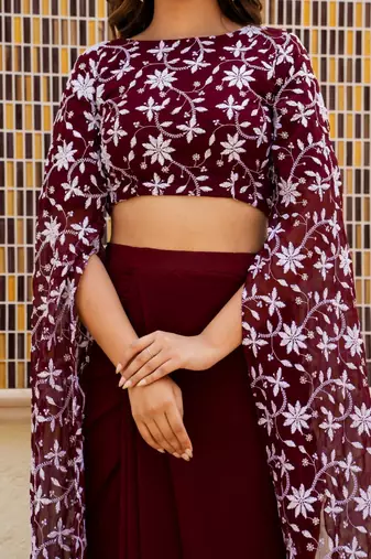 Maroon  Georgette embroidered top and skirt