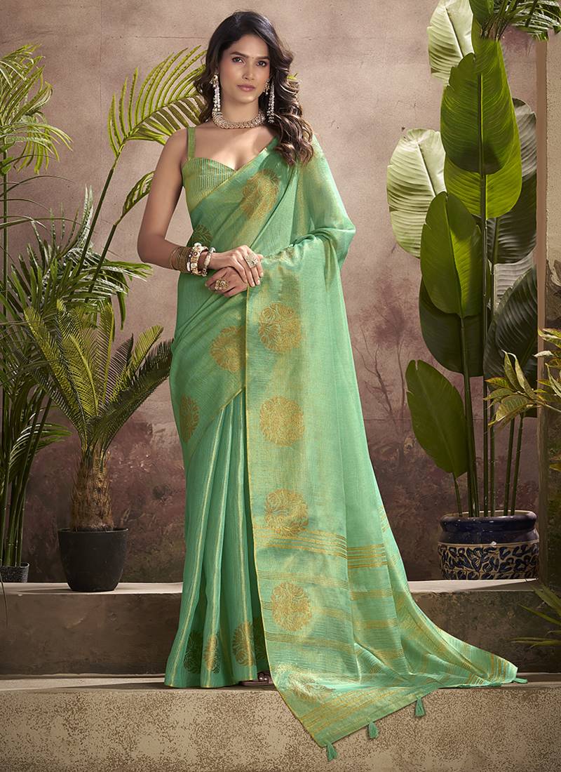 sea green kiri silk blend zari weaving party wear saree