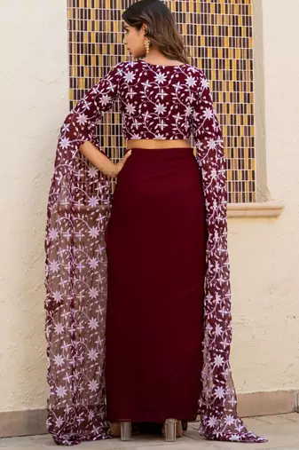 Maroon  Georgette embroidered top and skirt
