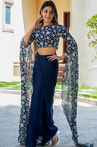 Blue Georgette embroidered top and skirt