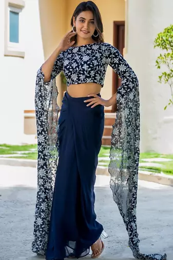 Blue Georgette embroidered top and skirt