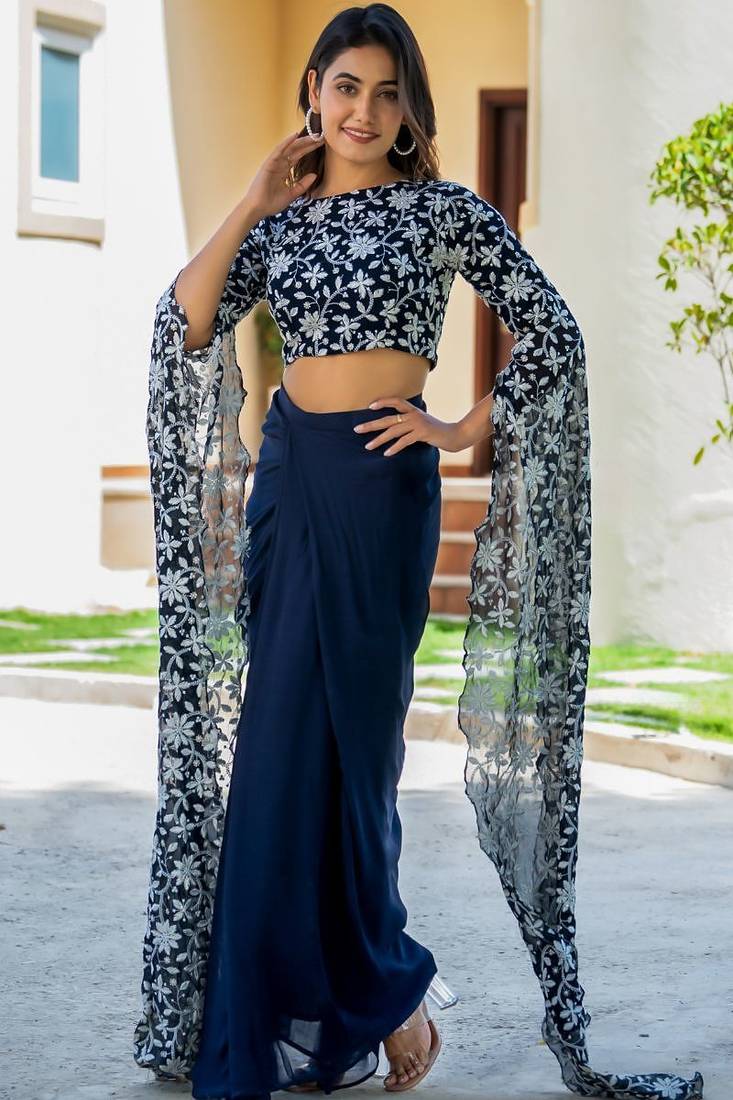 Blue Georgette embroidered top and skirt