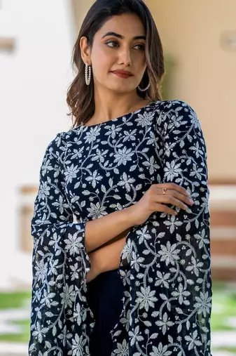 Blue Georgette embroidered top and skirt