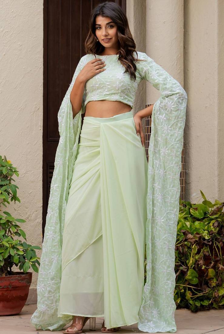 Green Georgette embroidered top and skirt