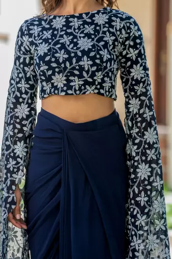 Blue Georgette embroidered top and skirt