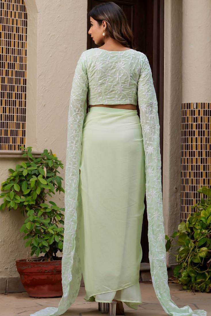 Green Georgette embroidered top and skirt