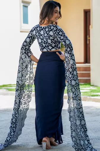 Blue Georgette embroidered top and skirt