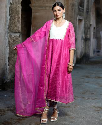 Pink cotton silk woven kurta set 1