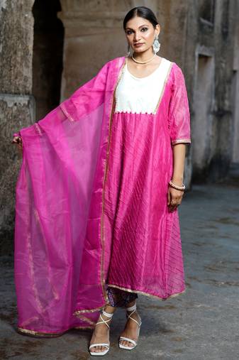 Pink cotton silk woven kurta set