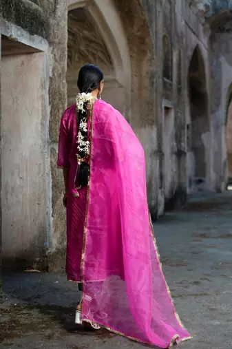 Pink cotton silk woven kurta set