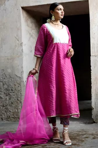 Pink cotton silk woven kurta set