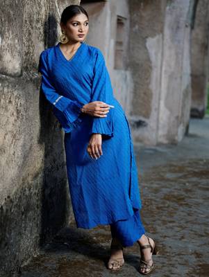 Royal-blue cotton silk woven kurta set 1