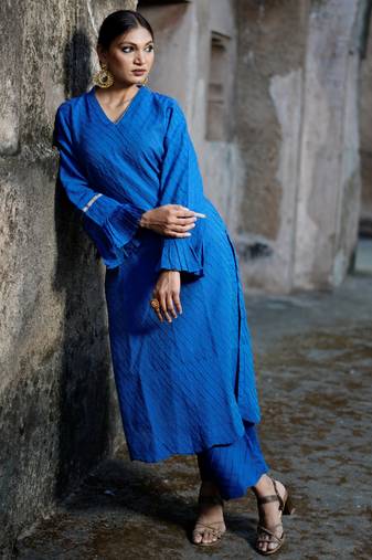 Royal-blue cotton silk woven kurta set