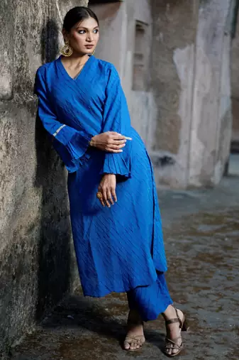 Royal-blue cotton silk woven kurta set