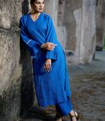 Royal-blue cotton silk woven kurta set