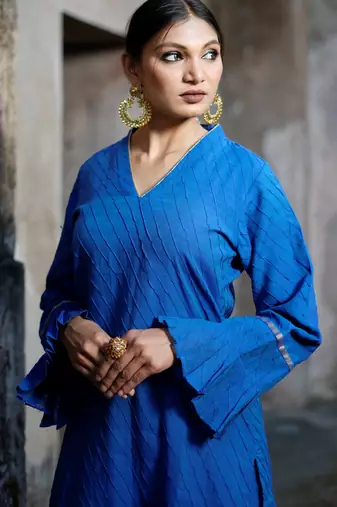 Royal-blue cotton silk woven kurta set
