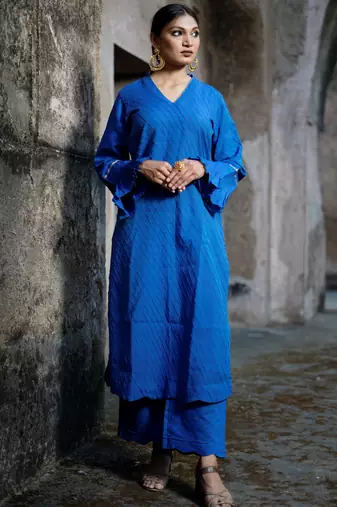 Royal-blue cotton silk woven kurta set