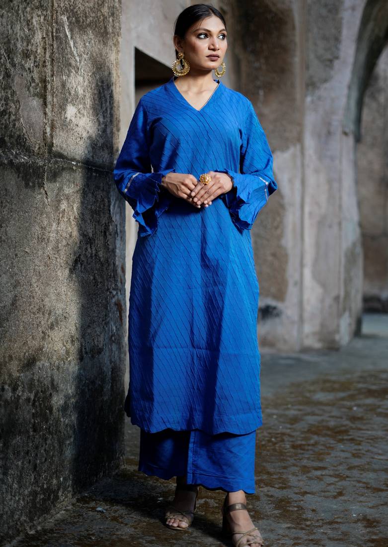 Royal-blue cotton silk woven kurta set