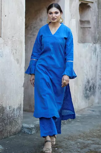 Royal-blue cotton silk woven kurta set