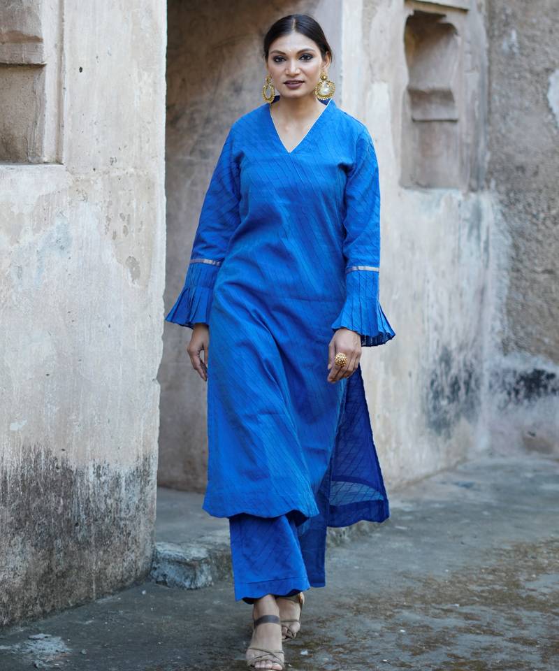 Royal-blue cotton silk woven kurta set