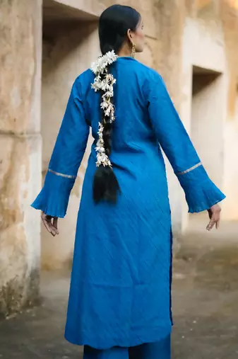 Royal-blue cotton silk woven kurta set