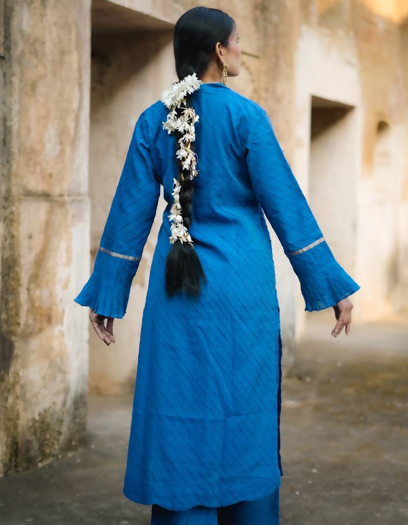 Royal-blue cotton silk woven kurta set