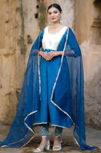 Royal-blue cotton silk woven kurta set