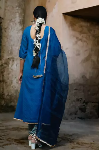 Royal-blue cotton silk woven kurta set