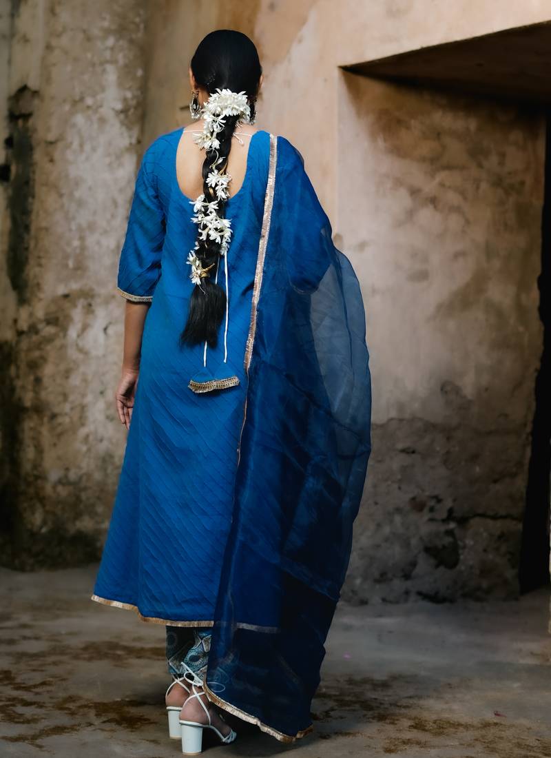 Royal-blue cotton silk woven kurta set