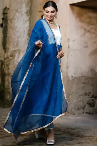 Royal-blue cotton silk woven kurta set