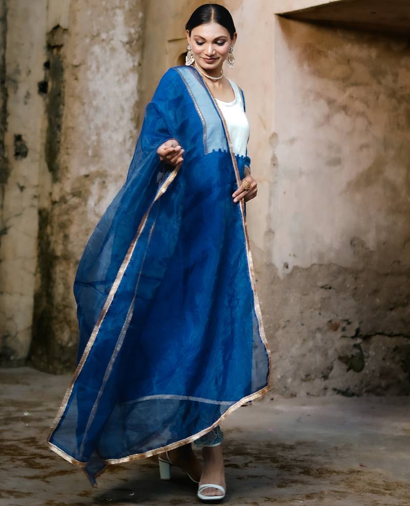 Royal-blue cotton silk woven kurta set