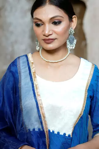 Royal-blue cotton silk woven kurta set