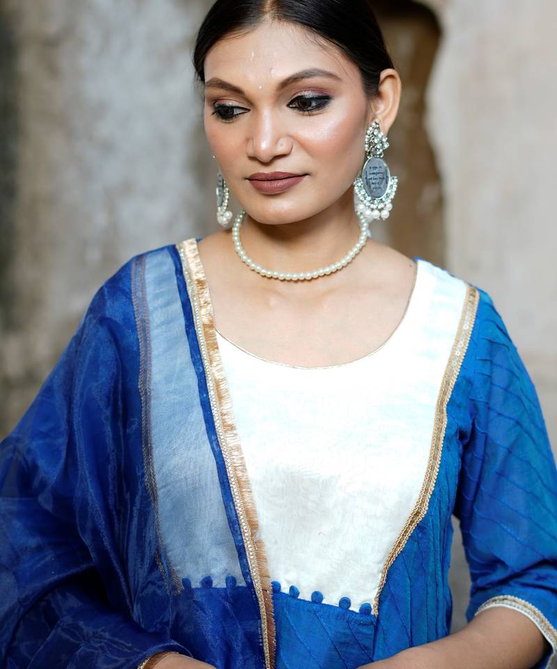 Royal-blue cotton silk woven kurta set