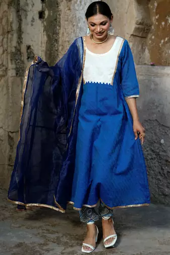 Royal-blue cotton silk woven kurta set