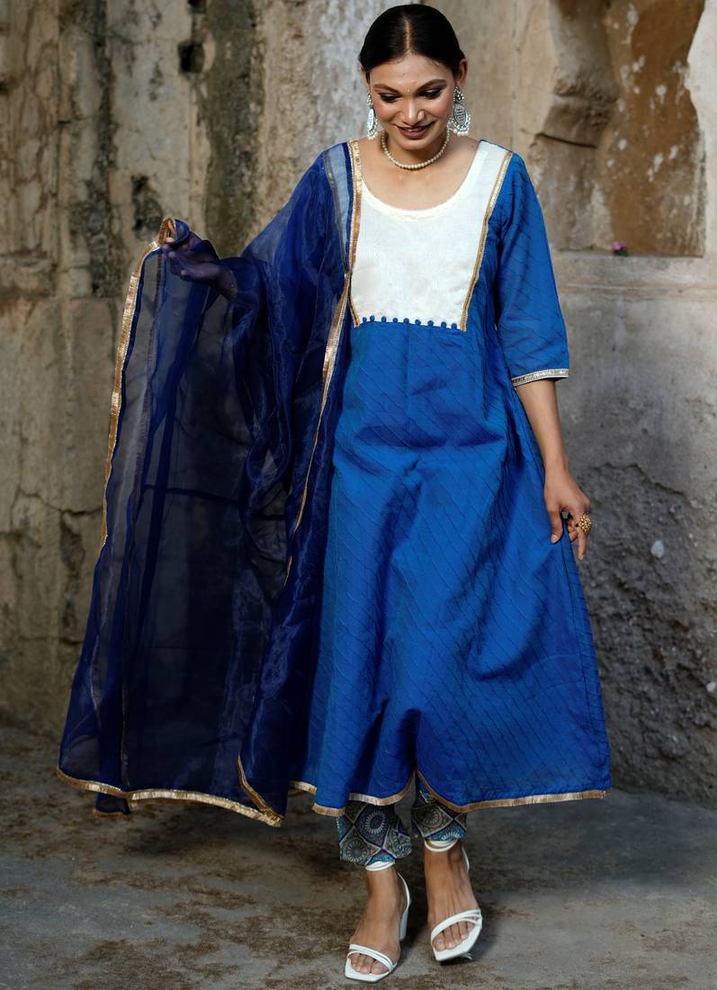 Royal-blue cotton silk woven kurta set