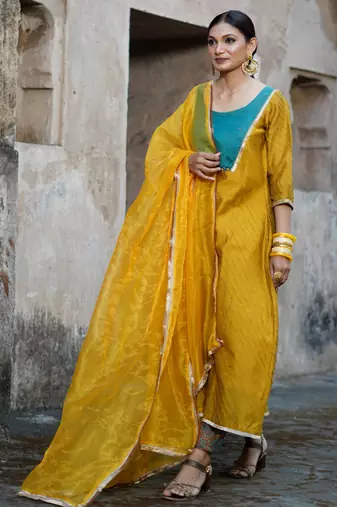 Mustard cotton silk woven kurta set