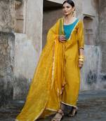 Mustard cotton silk woven kurta set