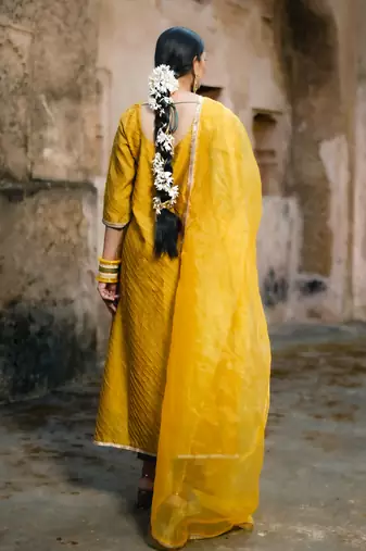 Mustard cotton silk woven kurta set
