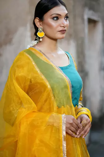 Mustard cotton silk woven kurta set