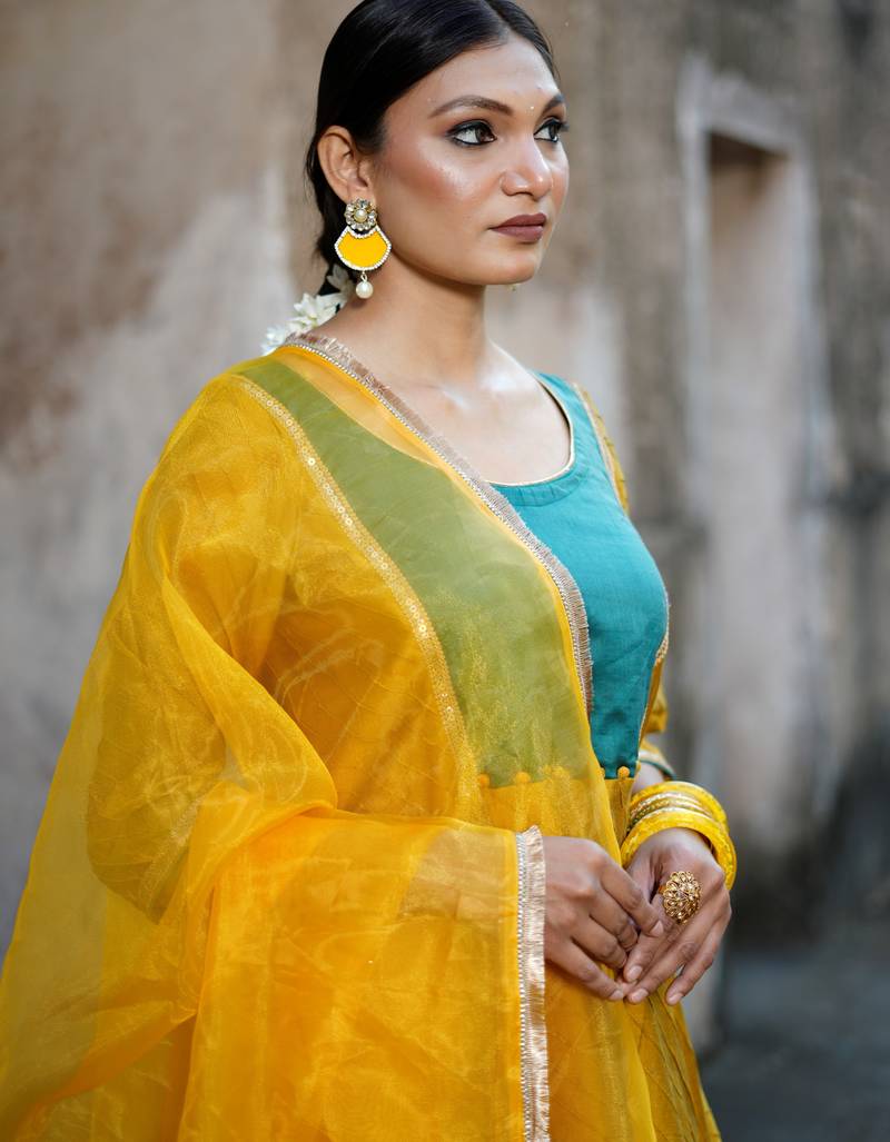 Mustard cotton silk woven kurta set