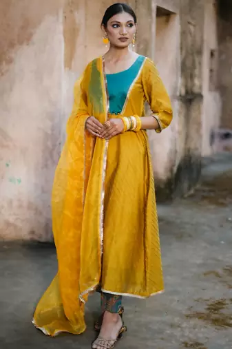Mustard cotton silk woven kurta set