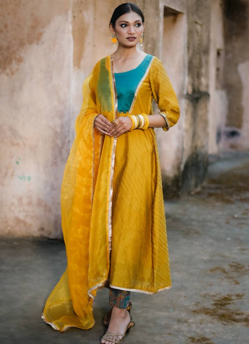 Mustard cotton silk woven kurta set