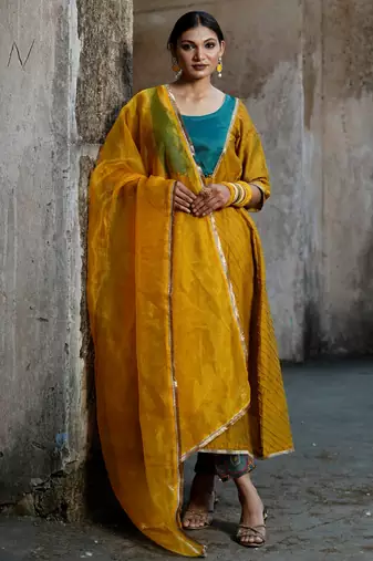 Mustard cotton silk woven kurta set