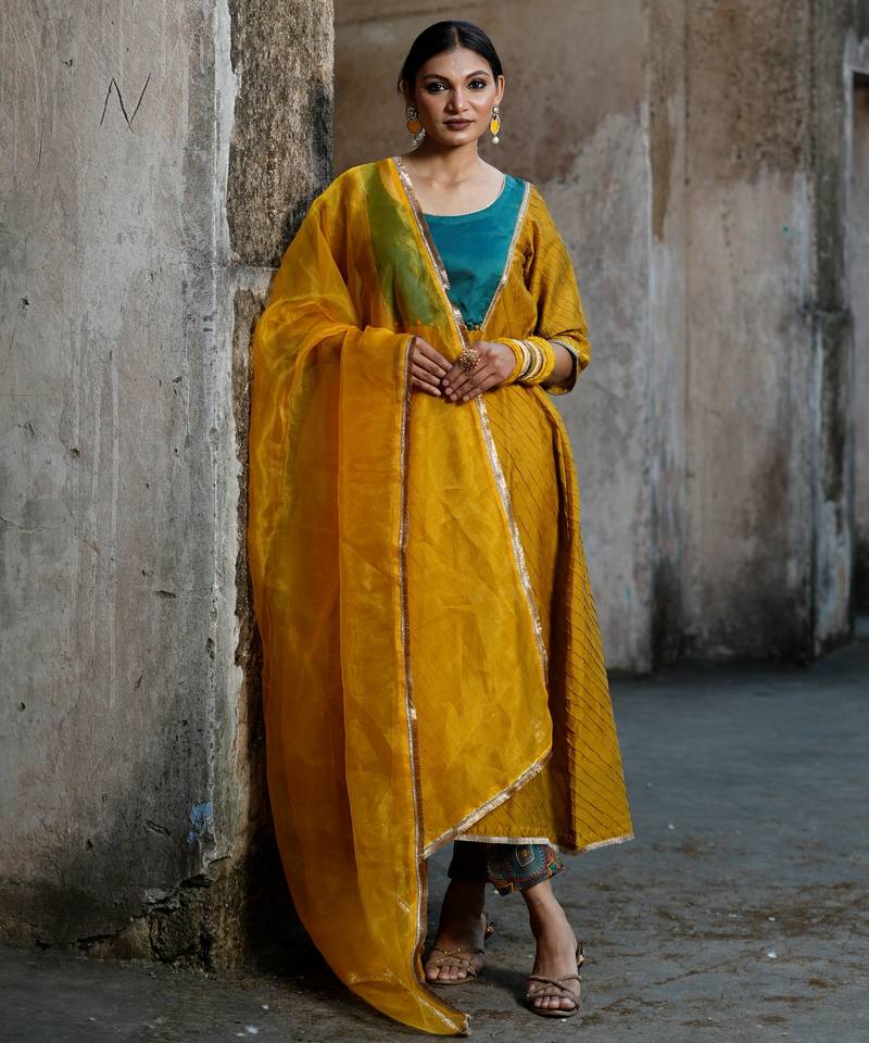 Mustard cotton silk woven kurta set