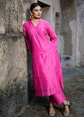Pink cotton silk woven kurta set 3