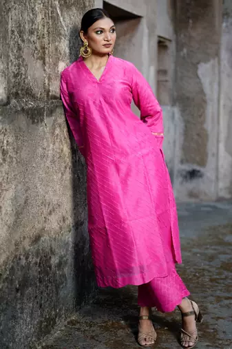 Pink cotton silk woven kurta set