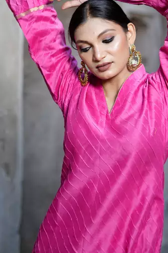 Pink cotton silk woven kurta set
