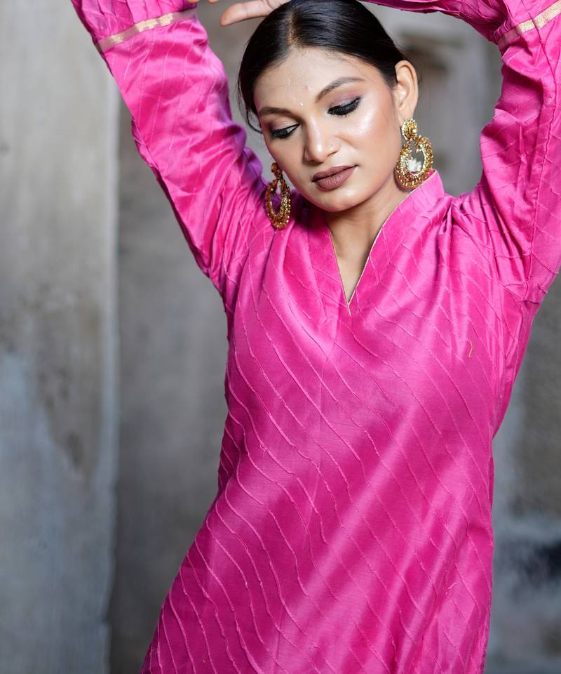 Pink cotton silk woven kurta set