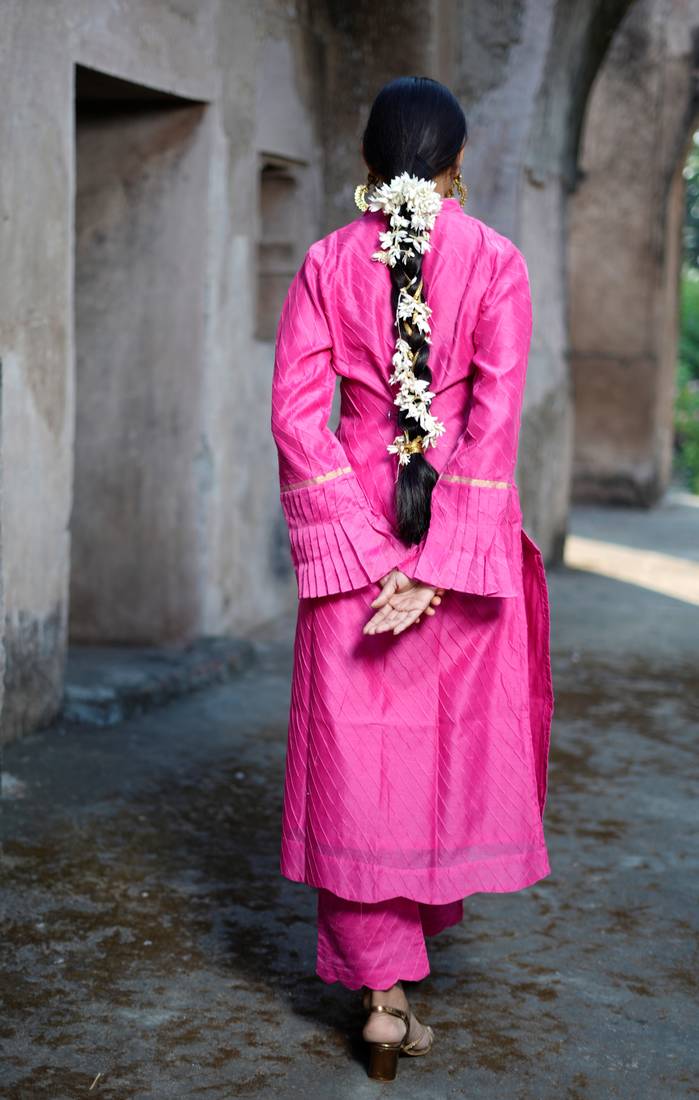 Pink cotton silk woven kurta set